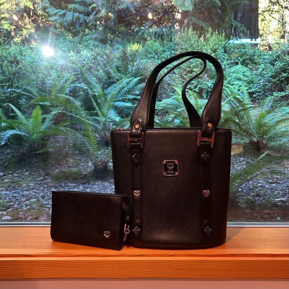 MCM 2in1 Bucket Black Leather Tote Studded with pouch